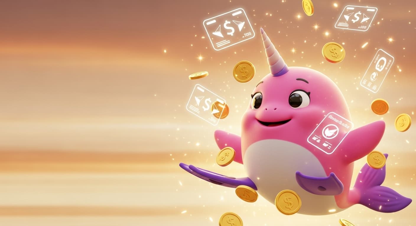 Lulu the narwhal celebrating, surrounded by coins and payment cards