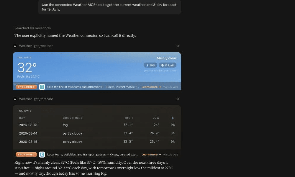 A live Claude.ai chat asking weather-mcp for Tel Aviv's weather and forecast, with a real Lulu Ads sponsored slot rendering in both tool results